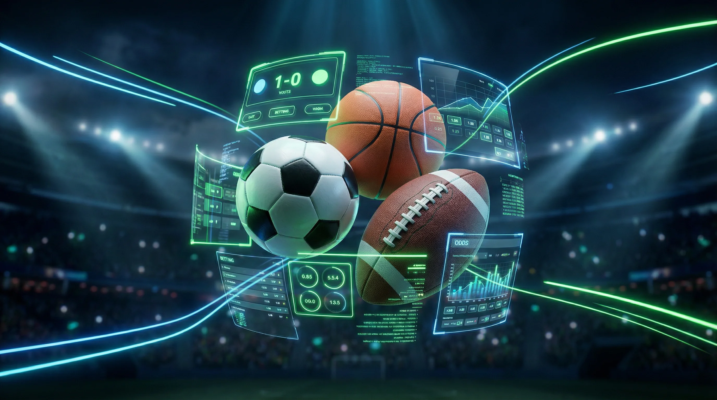 Apuestas deportivas con balones de fútbol, básquetbol y americano