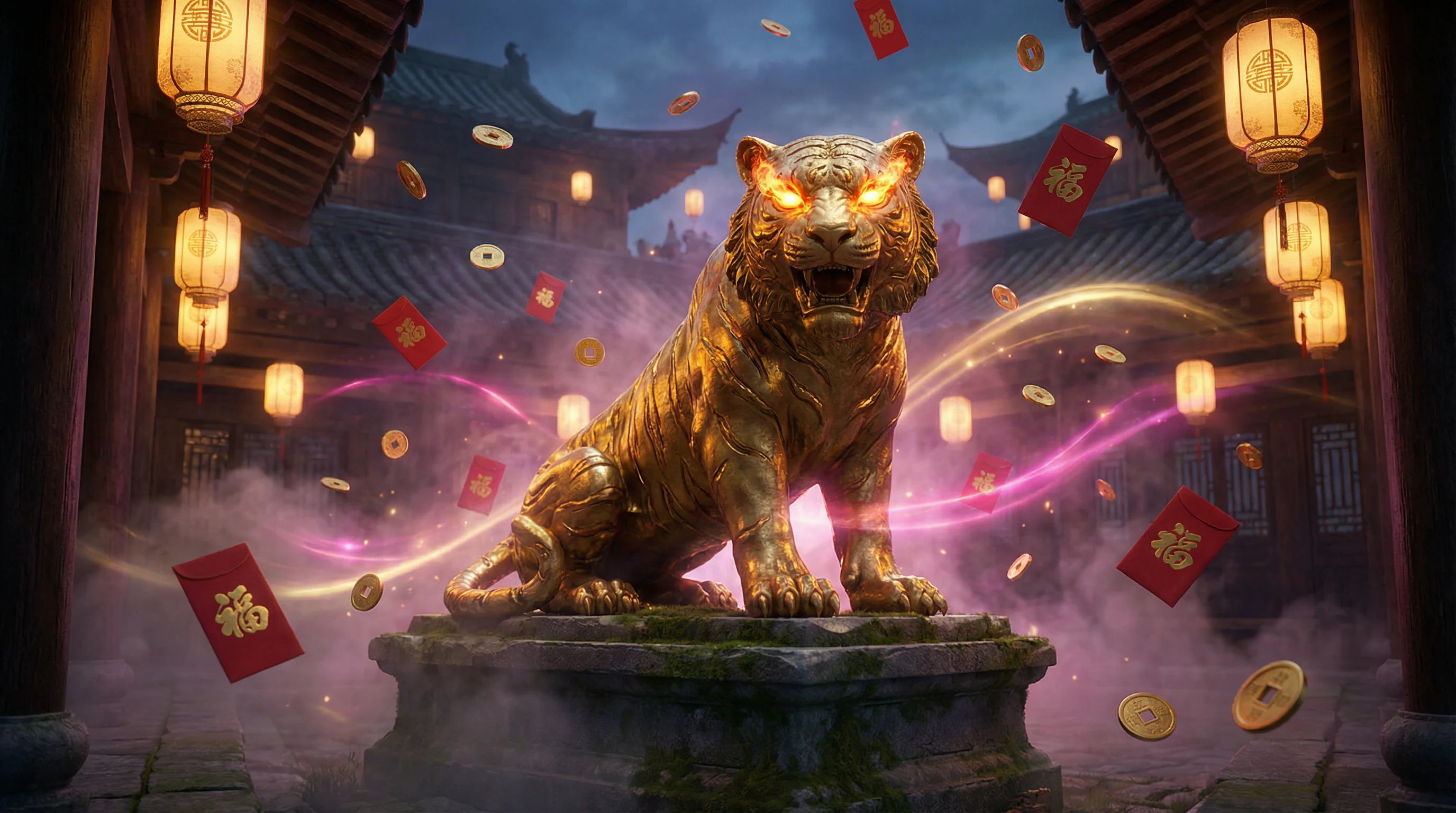 Tigre dorado de Fortune Tiger con monedas